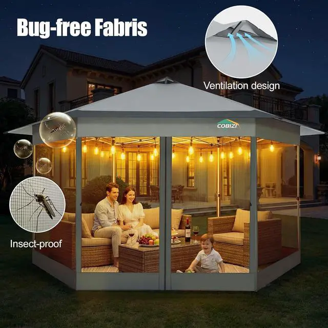 Alt view image 6 of 7 - 16x16 Pop Up Gazebo Tent with Mosquito Netting, Gazebos on Clearance, Hexagonal Outdoor Canopy Shelter, Patented Center Lock 6-Sided Portable Gazebos, Pop Up Canopy Tent for Backyard, White