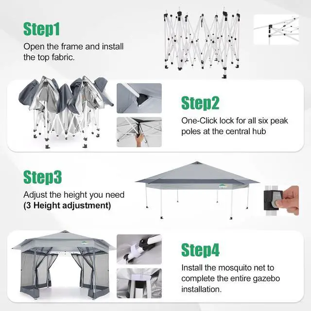 Alt view image 7 of 7 - 16x16 Pop Up Gazebo Tent with Mosquito Netting, Gazebos on Clearance, Hexagonal Outdoor Canopy Shelter, Patented Center Lock 6-Sided Portable Gazebos, Pop Up Canopy Tent for Backyard, White