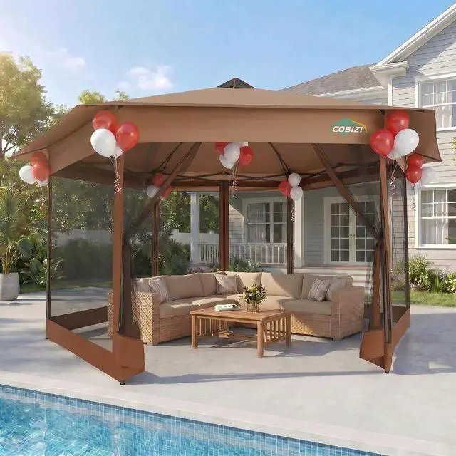 Main image of 16x16 Pop Up Gazebo Tent with Mosquito Netting, Gazebos on Clearance, Hexagonal Outdoor Canopy Shelter, Patented Center Lock 6-Sided Portable Gazebos, Pop Up Canopy Tent for Backyard, Brown