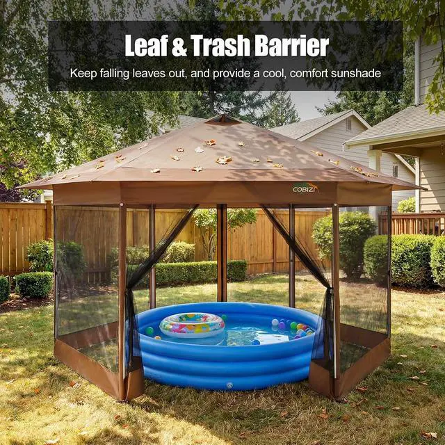 Alt view image 2 of 7 - 16x16 Pop Up Gazebo Tent with Mosquito Netting, Gazebos on Clearance, Hexagonal Outdoor Canopy Shelter, Patented Center Lock 6-Sided Portable Gazebos, Pop Up Canopy Tent for Backyard, Brown