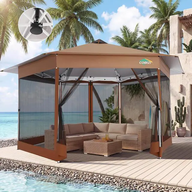 Alt view image 3 of 7 - 16x16 Pop Up Gazebo Tent with Mosquito Netting, Gazebos on Clearance, Hexagonal Outdoor Canopy Shelter, Patented Center Lock 6-Sided Portable Gazebos, Pop Up Canopy Tent for Backyard, Brown