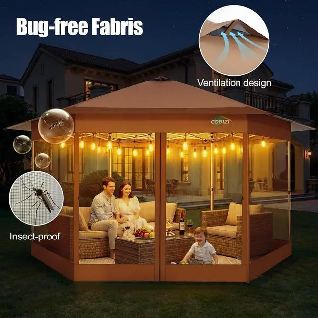 Alt view image 5 of 7 - 16x16 Pop Up Gazebo Tent with Mosquito Netting, Gazebos on Clearance, Hexagonal Outdoor Canopy Shelter, Patented Center Lock 6-Sided Portable Gazebos, Pop Up Canopy Tent for Backyard, Brown