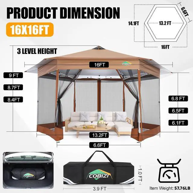 Alt view image 6 of 7 - 16x16 Pop Up Gazebo Tent with Mosquito Netting, Gazebos on Clearance, Hexagonal Outdoor Canopy Shelter, Patented Center Lock 6-Sided Portable Gazebos, Pop Up Canopy Tent for Backyard, Brown