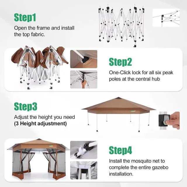 Alt view image 7 of 7 - 16x16 Pop Up Gazebo Tent with Mosquito Netting, Gazebos on Clearance, Hexagonal Outdoor Canopy Shelter, Patented Center Lock 6-Sided Portable Gazebos, Pop Up Canopy Tent for Backyard, Brown