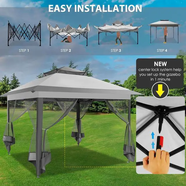 Alt view image 2 of 7 - Pop Up Gazebo 11x11 Canopy Tent, Outdoor Screened Gazebo Shelter with Mosquito Net,Carpas para Patio, Shade for Lawn, Garden, Backyard and Deck, Gray(Upgraded 2.0)