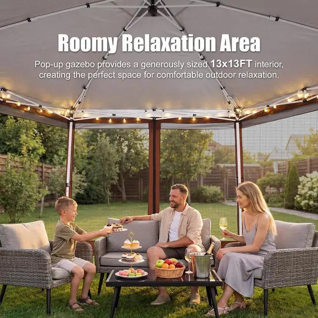 Alt view image 4 of 7 - 16x16 Pop Up Gazebo Tent with Mosquito Netting, Gazebos on Clearance, Hexagonal Outdoor Canopy Shelter, Patented Center Lock 6-Sided Portable Gazebos, Pop Up Canopy Tent for Backyard, Brown