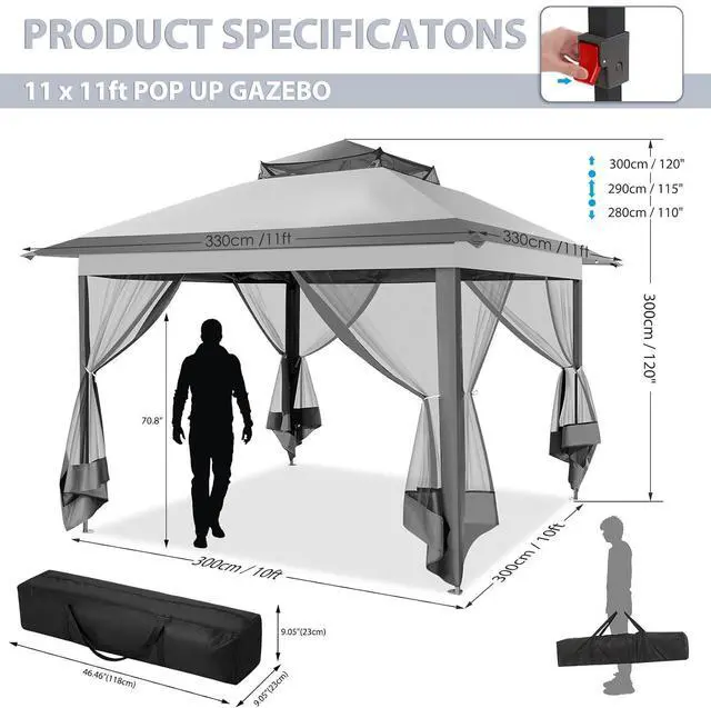 Alt view image 4 of 7 - Pop Up Gazebo 11x11 Canopy Tent, Outdoor Screened Gazebo Shelter with Mosquito Net,Carpas para Patio, Shade for Lawn, Garden, Backyard and Deck, Gray(Upgraded 2.0)