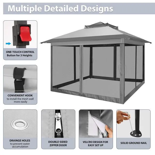 Alt view image 5 of 7 - Pop Up Gazebo 11x11 Canopy Tent, Outdoor Screened Gazebo Shelter with Mosquito Net,Carpas para Patio, Shade for Lawn, Garden, Backyard and Deck, Gray(Upgraded 2.0)