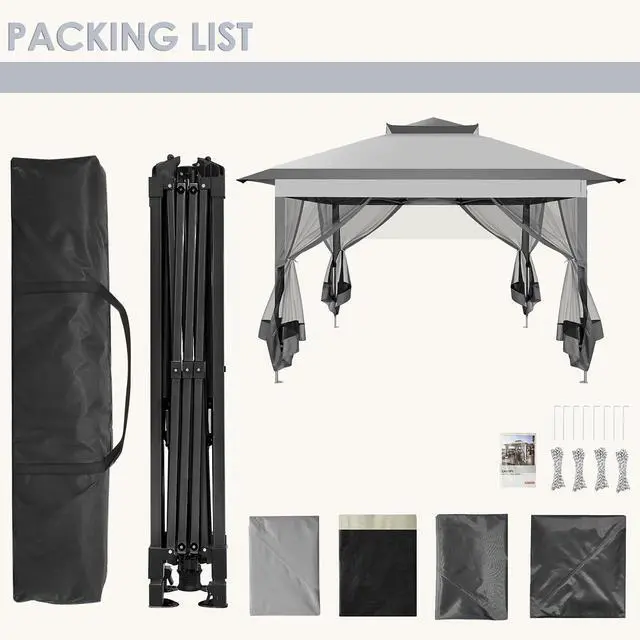 Alt view image 7 of 7 - Pop Up Gazebo 11x11 Canopy Tent, Outdoor Screened Gazebo Shelter with Mosquito Net,Carpas para Patio, Shade for Lawn, Garden, Backyard and Deck, Gray(Upgraded 2.0)
