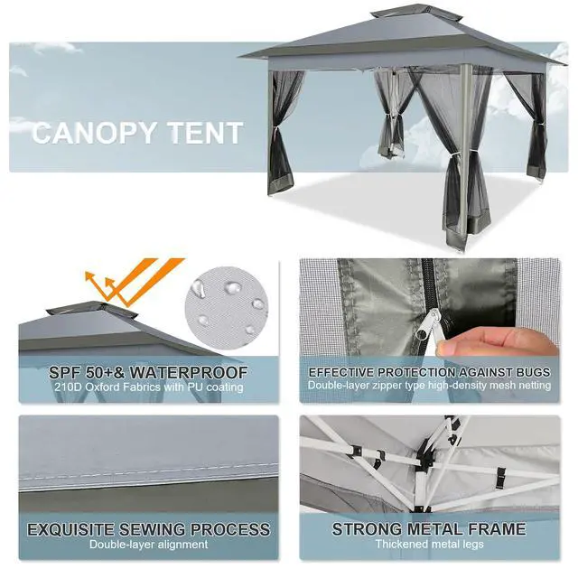 Alt view image 5 of 7 - 12x12 Pop up Gazebo On Clearance with Mosquito Netting,Waterproof Roof & Sandbags,Outdoor Canopy Tent with 4 Ropes,8 Stakes,Carrying Bag,Patio Portable Gazebo for Garden,Backyard,Lawn,Darkgrey