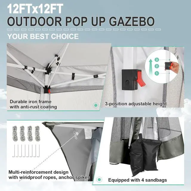 Alt view image 2 of 7 - 12x12 Pop up Gazebo On Clearance with Mosquito Netting,Waterproof Roof & Sandbags,Outdoor Canopy Tent with 4 Ropes,8 Stakes,Carrying Bag,Patio Portable Gazebo for Garden,Backyard,Lawn,Darkgrey
