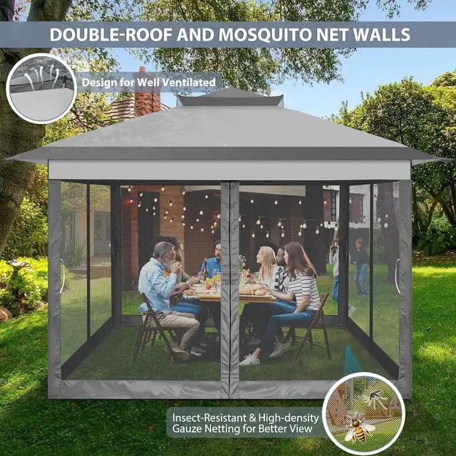Alt view image 6 of 7 - Pop Up Gazebo 11x11 Canopy Tent, Outdoor Screened Gazebo Shelter with Mosquito Net,Carpas para Patio, Shade for Lawn, Garden, Backyard and Deck, Gray(Upgraded 2.0)