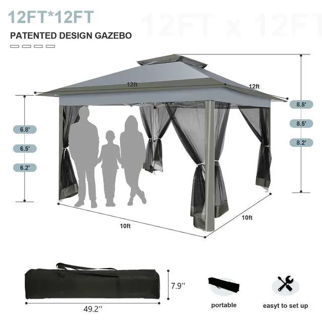 Alt view image 7 of 7 - 12x12 Pop up Gazebo On Clearance with Mosquito Netting,Waterproof Roof & Sandbags,Outdoor Canopy Tent with 4 Ropes,8 Stakes,Carrying Bag,Patio Portable Gazebo for Garden,Backyard,Lawn,Darkgrey