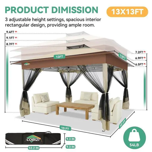Alt view image 3 of 7 - 13x13 FT Pop up Gazebo on Clearance - Outdoor pop up Canopy Tent,carpas para Patio, Shelter - Screen Tents with Portable Carry Bag, Patio Gazebos for Camping,Garden,Deck,Backyard,Khaki