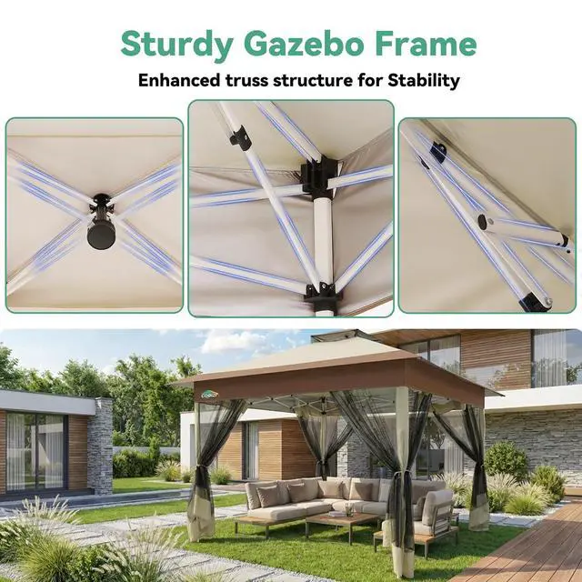 Alt view image 5 of 7 - 13x13 FT Pop up Gazebo on Clearance - Outdoor pop up Canopy Tent,carpas para Patio, Shelter - Screen Tents with Portable Carry Bag, Patio Gazebos for Camping,Garden,Deck,Backyard,Khaki