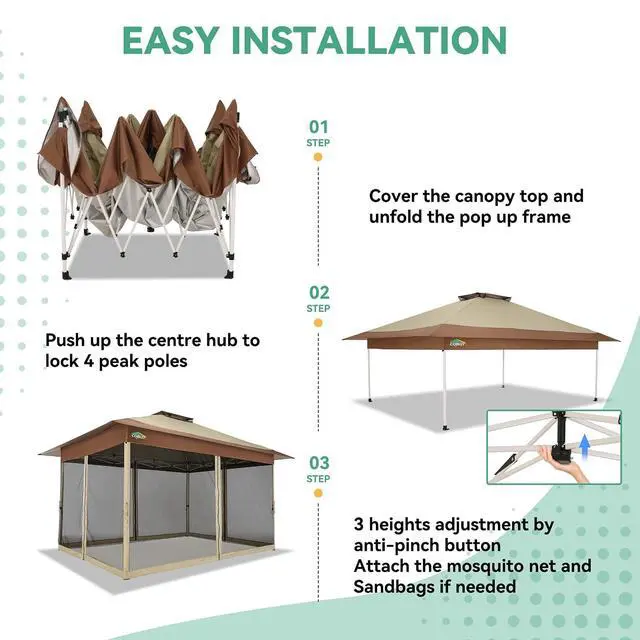 Alt view image 6 of 7 - 13x13 FT Pop up Gazebo on Clearance - Outdoor pop up Canopy Tent,carpas para Patio, Shelter - Screen Tents with Portable Carry Bag, Patio Gazebos for Camping,Garden,Deck,Backyard,Khaki