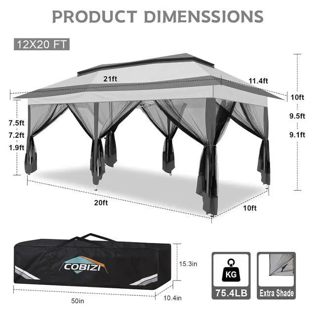 Alt view image 4 of 7 - 12x20 Pop up Canopy Tent - Gazebo, Party Tents for Parties, Carpas para Fiestas, Large Outdoor Popup Patio Screened Gazebos, Shelter Tents with Net for Backyard, Commercial,Darkgrey