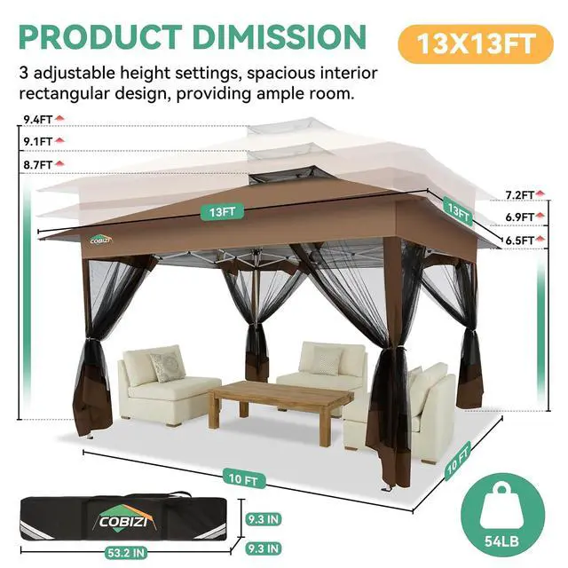 Alt view image 3 of 7 - 13x13 Pop up Gazebo on Clearance - Outdoor pop up Canopy Tent,carpas para Patio, Shelter - Screen Tents with Portable Carry Bag, Patio Gazebos for Backyard, Garden, Camping, Deck,Brown