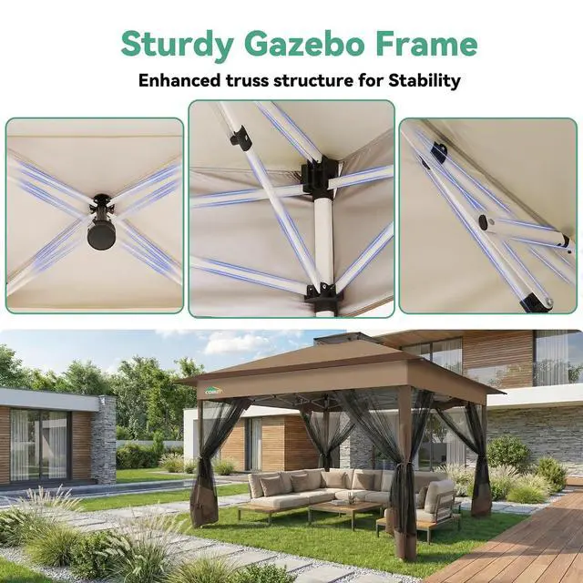 Alt view image 5 of 7 - 13x13 Pop up Gazebo on Clearance - Outdoor pop up Canopy Tent,carpas para Patio, Shelter - Screen Tents with Portable Carry Bag, Patio Gazebos for Backyard, Garden, Camping, Deck,Brown