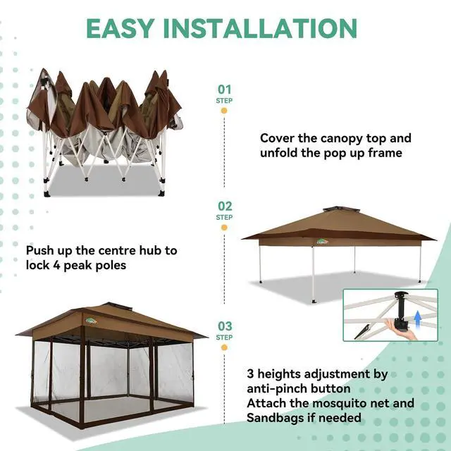 Alt view image 6 of 7 - 13x13 Pop up Gazebo on Clearance - Outdoor pop up Canopy Tent,carpas para Patio, Shelter - Screen Tents with Portable Carry Bag, Patio Gazebos for Backyard, Garden, Camping, Deck,Brown