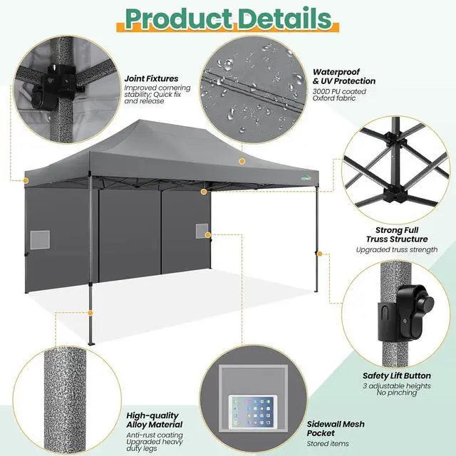 Alt view image 3 of 7 - 10x15 Heavy Duty Pop up Canopy Tent with Sidewalls Commercial Canopy