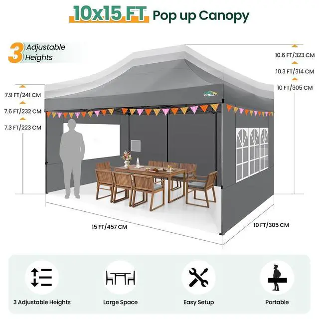 Alt view image 6 of 7 - 10x15 Heavy Duty Pop up Canopy Tent with Sidewalls Commercial Canopy