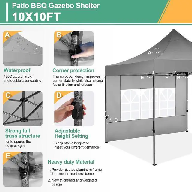 Alt view image 3 of 7 - 10x10 Heavy Duty Pop up Canopy Tent with Sidewalls Commercial Canopy