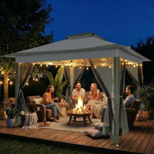 Alt view image 2 of 7 - 12x12 Pop Up Gazebos On Clearance - Upgrade Easy Up Metal Outdoor Gazebo Waterproof - Portable Gazebo with Mosquito Nettings, 4 Ropes 8 Stakes and Carry Bag for Patio Garden(Dark Gray)