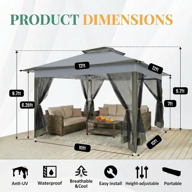 Alt view image 3 of 7 - 12x12 Pop Up Gazebos On Clearance - Upgrade Easy Up Metal Outdoor Gazebo Waterproof - Portable Gazebo with Mosquito Nettings, 4 Ropes 8 Stakes and Carry Bag for Patio Garden(Dark Gray)