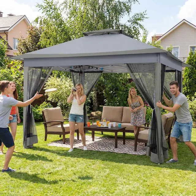 Alt view image 5 of 7 - 12x12 Pop Up Gazebos On Clearance - Upgrade Easy Up Metal Outdoor Gazebo Waterproof - Portable Gazebo with Mosquito Nettings, 4 Ropes 8 Stakes and Carry Bag for Patio Garden(Dark Gray)