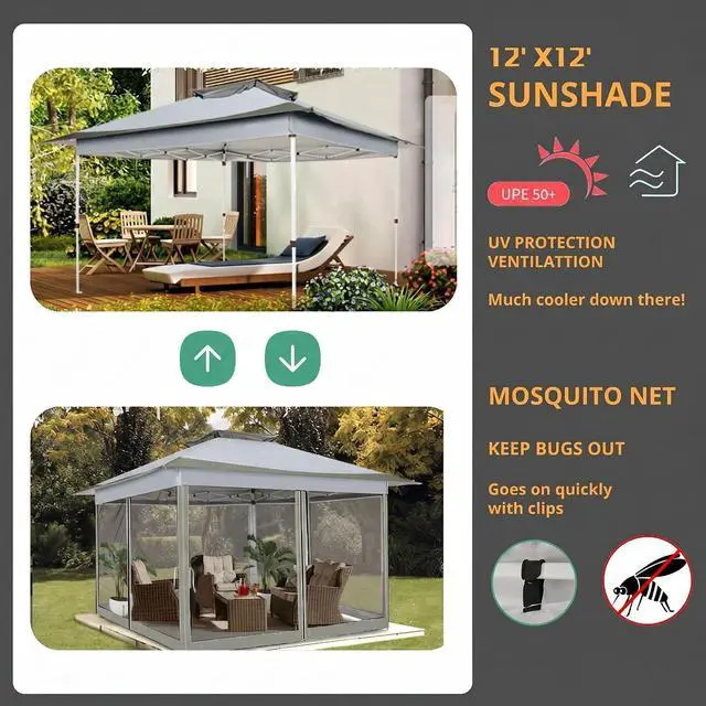 Alt view image 7 of 7 - 12x12 Pop Up Gazebos On Clearance - Upgrade Easy Up Metal Outdoor Gazebo Waterproof - Portable Gazebo with Mosquito Nettings, 4 Ropes 8 Stakes and Carry Bag for Patio Garden(Dark Gray)