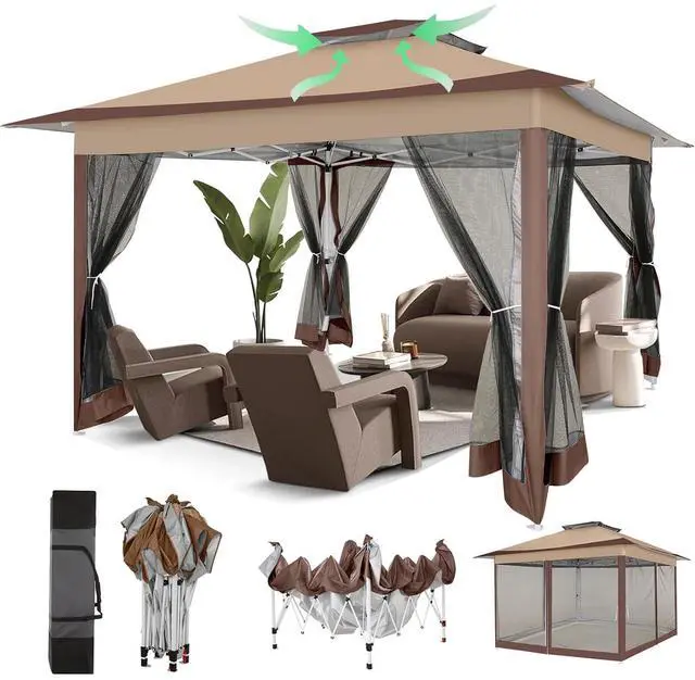 Main image of 12x12 Pop Up Gazebos On Clearance - Upgrade Easy Up Metal Outdoor Gazebo Waterproof - Portable Gazebo with Mosquito Nettings, 4 Ropes 8 Stakes and Carry Bag for Patio Garden(Coffee)
