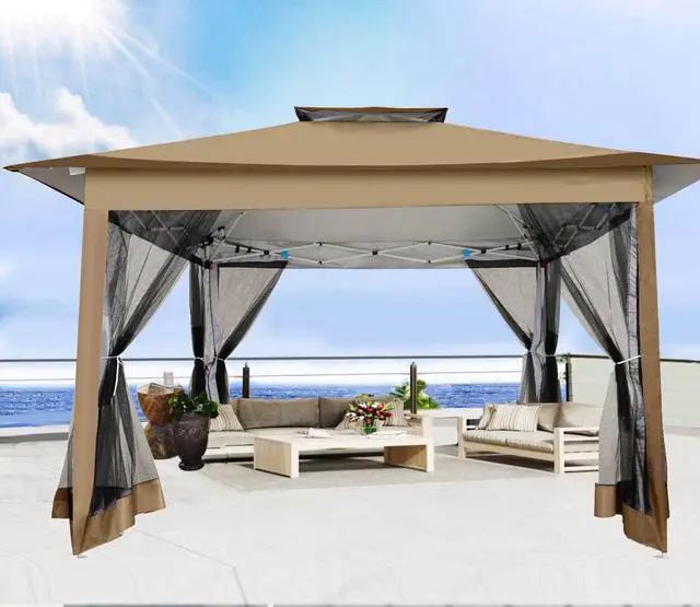 Alt view image 4 of 7 - 12x12 Pop Up Gazebo On Clearance Canopy Tent- Upgrade Metal Outdoor Canopy Waterproof - Portable Gazebo with Mosquito Nettings, 4 Ropes 8 Stakes and Carry Bag for Patio Garden(Coffee)