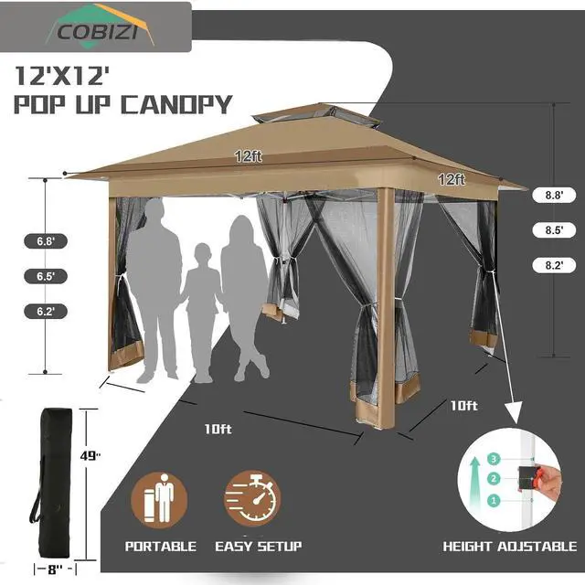 Alt view image 3 of 7 - 12x12 Pop Up Gazebo On Clearance Canopy Tent- Upgrade Metal Outdoor Canopy Waterproof - Portable Gazebo with Mosquito Nettings, 4 Ropes 8 Stakes and Carry Bag for Patio Garden(Coffee)