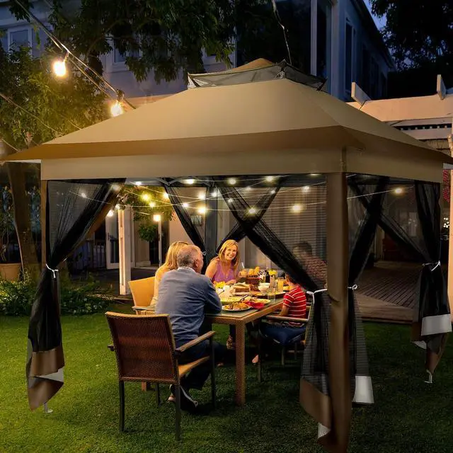 Alt view image 2 of 7 - 12x12 Pop Up Gazebo On Clearance Canopy Tent- Upgrade Metal Outdoor Canopy Waterproof - Portable Gazebo with Mosquito Nettings, 4 Ropes 8 Stakes and Carry Bag for Patio Garden(Coffee)