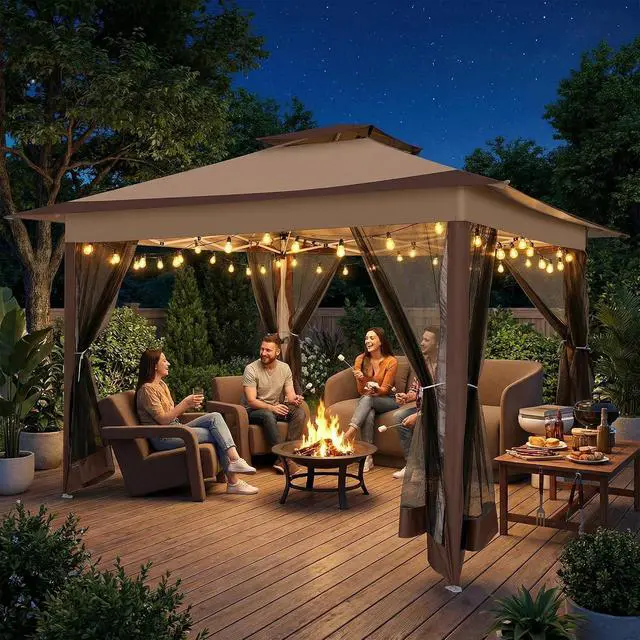 Alt view image 2 of 7 - 12x12 Pop Up Gazebos On Clearance - Upgrade Easy Up Metal Outdoor Gazebo Waterproof - Portable Gazebo with Mosquito Nettings, 4 Ropes 8 Stakes and Carry Bag for Patio Garden(Coffee)