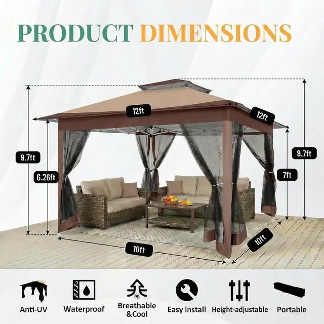 Alt view image 3 of 7 - 12x12 Pop Up Gazebos On Clearance - Upgrade Easy Up Metal Outdoor Gazebo Waterproof - Portable Gazebo with Mosquito Nettings, 4 Ropes 8 Stakes and Carry Bag for Patio Garden(Coffee)