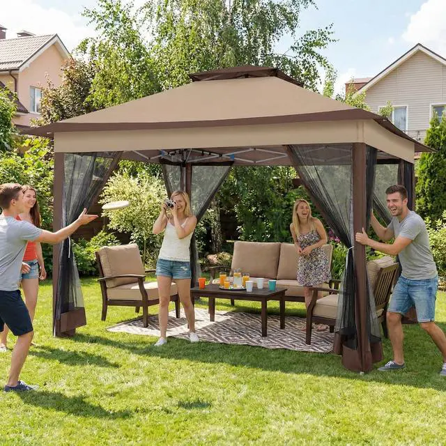 Alt view image 5 of 7 - 12x12 Pop Up Gazebos On Clearance - Upgrade Easy Up Metal Outdoor Gazebo Waterproof - Portable Gazebo with Mosquito Nettings, 4 Ropes 8 Stakes and Carry Bag for Patio Garden(Coffee)