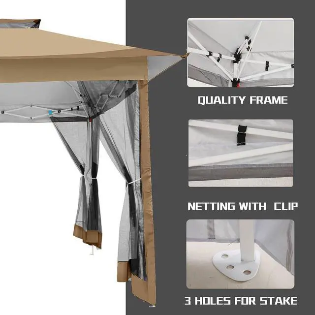 Alt view image 6 of 7 - 12x12 Pop Up Gazebos On Clearance - Upgrade Easy Up Metal Outdoor Gazebo Waterproof - Portable Gazebo with Mosquito Nettings, 4 Ropes 8 Stakes and Carry Bag for Patio Garden(Coffee)