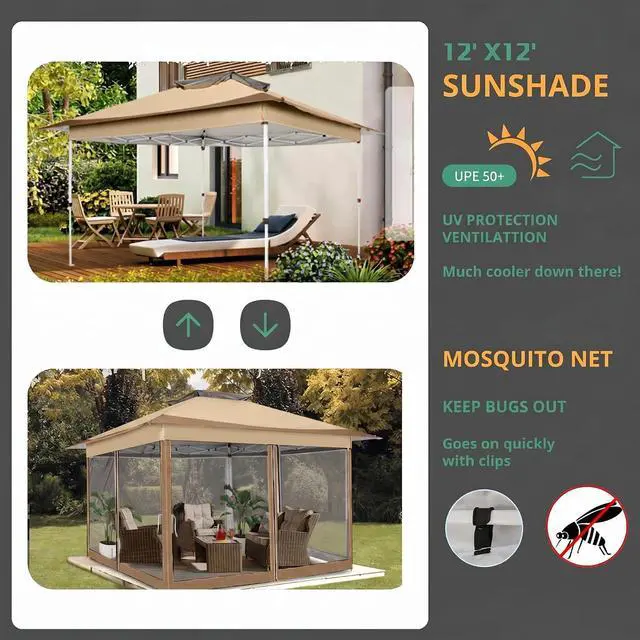 Alt view image 7 of 7 - 12x12 Pop Up Gazebos On Clearance - Upgrade Easy Up Metal Outdoor Gazebo Waterproof - Portable Gazebo with Mosquito Nettings, 4 Ropes 8 Stakes and Carry Bag for Patio Garden(Coffee)