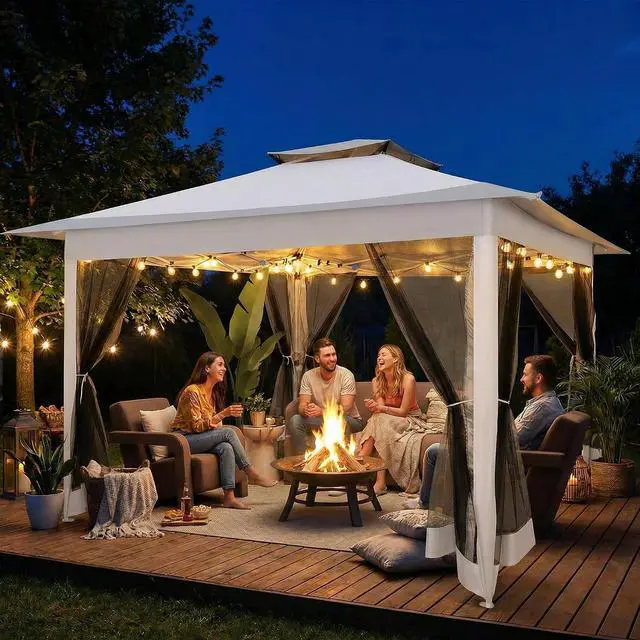 Alt view image 2 of 7 - 12x12 Pop Up Gazebos On Clearance - Upgrade Easy Up Metal Outdoor Gazebo Waterproof - Portable Gazebo with Mosquito Nettings, 4 Ropes 8 Stakes and Carry Bag for Patio Garden(Light Gray)