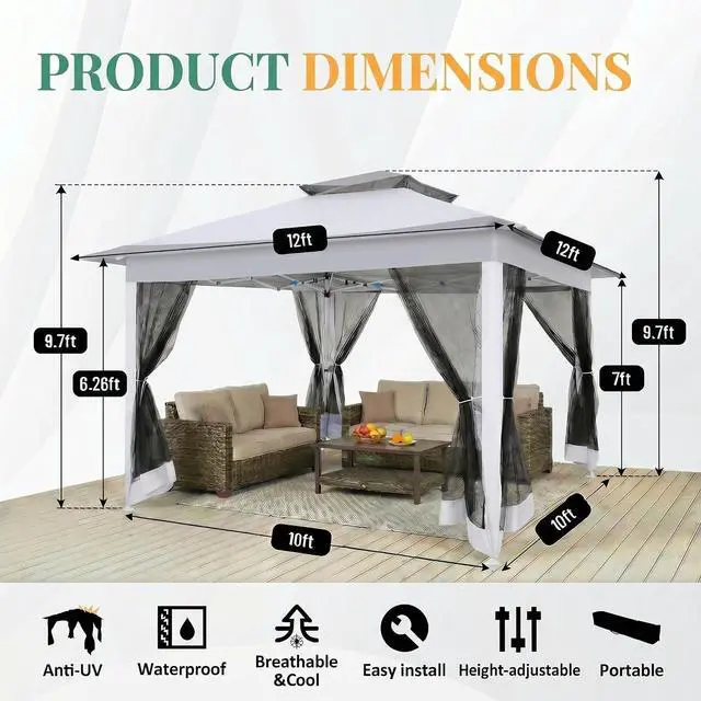Alt view image 5 of 7 - 12x12 Pop Up Gazebos On Clearance - Upgrade Easy Up Metal Outdoor Gazebo Waterproof - Portable Gazebo with Mosquito Nettings, 4 Ropes 8 Stakes and Carry Bag for Patio Garden(Light Gray)