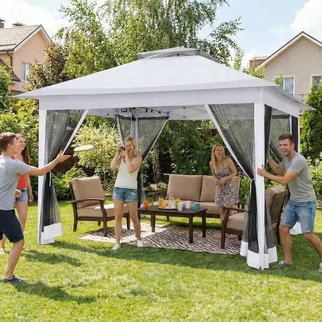 Alt view image 4 of 7 - 12x12 Pop Up Gazebos On Clearance - Upgrade Easy Up Metal Outdoor Gazebo Waterproof - Portable Gazebo with Mosquito Nettings, 4 Ropes 8 Stakes and Carry Bag for Patio Garden(Light Gray)