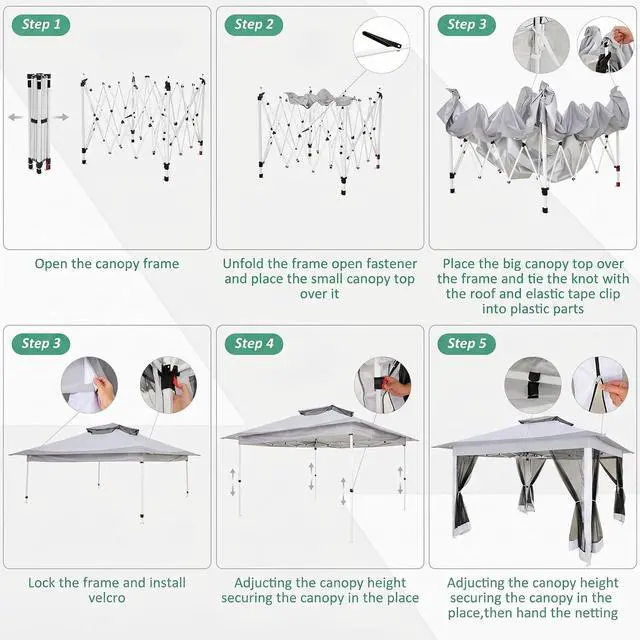 Alt view image 7 of 7 - 12x12 Pop Up Gazebos On Clearance - Upgrade Easy Up Metal Outdoor Gazebo Waterproof - Portable Gazebo with Mosquito Nettings, 4 Ropes 8 Stakes and Carry Bag for Patio Garden(Light Gray)