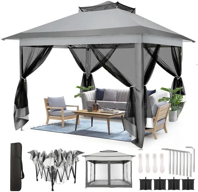 Main image of 11x11 Pop Up Gazebo Canopy Tent Easy Up Outdoor Gazebo Waterproof Upgrade Portable Gazebo with Mosquito Nettings, Double Vented Roof and Carry Bag for Patio Garden Lawn(Gray)