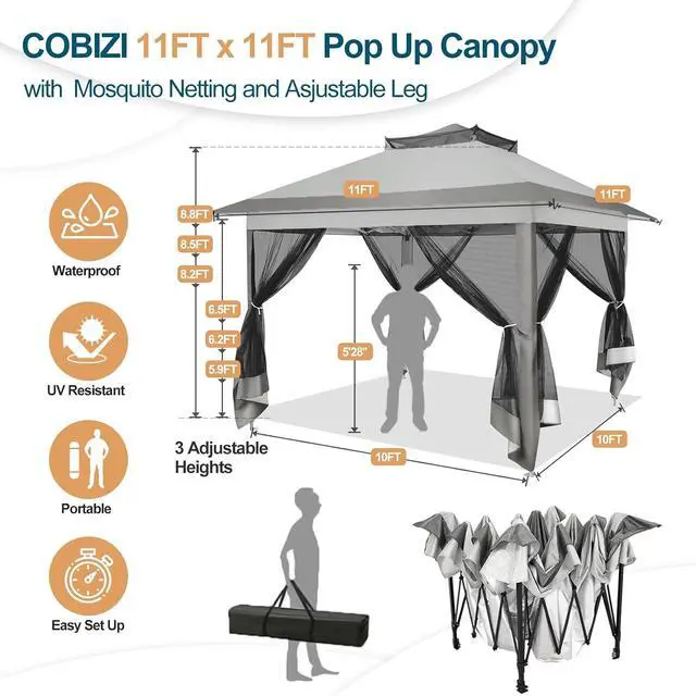 Alt view image 3 of 7 - 11x11 Pop Up Gazebo Canopy Tent Easy Up Outdoor Gazebo Waterproof Upgrade Portable Gazebo with Mosquito Nettings, Double Vented Roof and Carry Bag for Patio Garden Lawn(Gray)