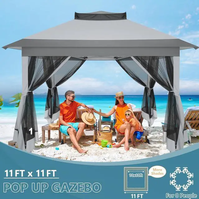 Alt view image 4 of 7 - 11x11 Pop Up Gazebo Canopy Tent Easy Up Outdoor Gazebo Waterproof Upgrade Portable Gazebo with Mosquito Nettings, Double Vented Roof and Carry Bag for Patio Garden Lawn(Gray)