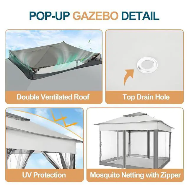 Alt view image 6 of 7 - 11x11 Pop Up Gazebo Canopy Tent Easy Up Outdoor Gazebo Waterproof Upgrade Portable Gazebo with Mosquito Nettings, Double Vented Roof and Carry Bag for Patio Garden Lawn(Gray)
