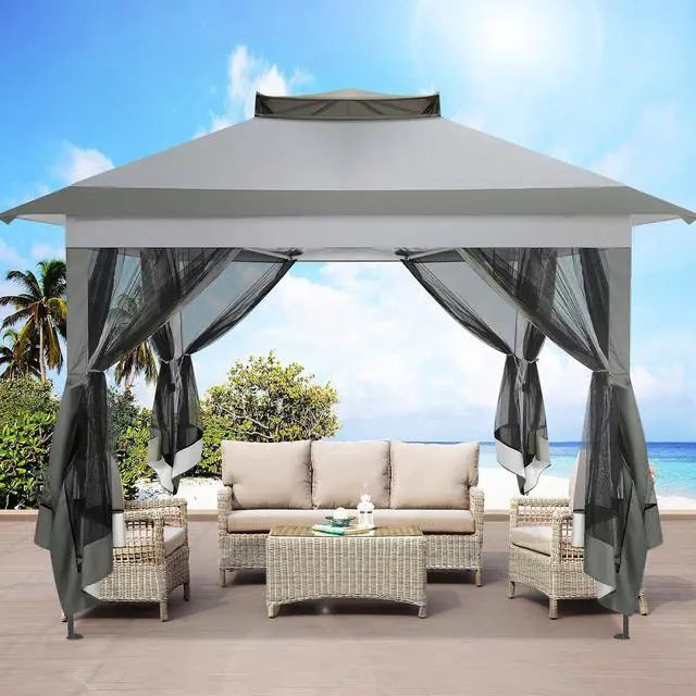Alt view image 7 of 7 - 11x11 Pop Up Gazebo Canopy Tent Easy Up Outdoor Gazebo Waterproof Upgrade Portable Gazebo with Mosquito Nettings, Double Vented Roof and Carry Bag for Patio Garden Lawn(Gray)
