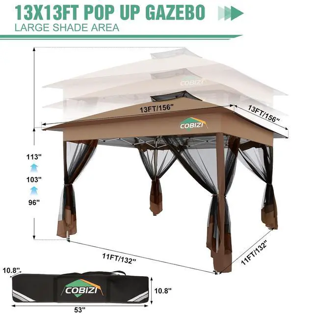 Alt view image 2 of 7 - 13x13 Pop Up Canopy Tent Gazebos On Clearance- Upgrade Metal Outdoor Canopy Waterproof - Portable Gazebo with Mosquito Nettings, 4 Ropes 8 Stakes and Carry Bag for Patio Garden(Brown)